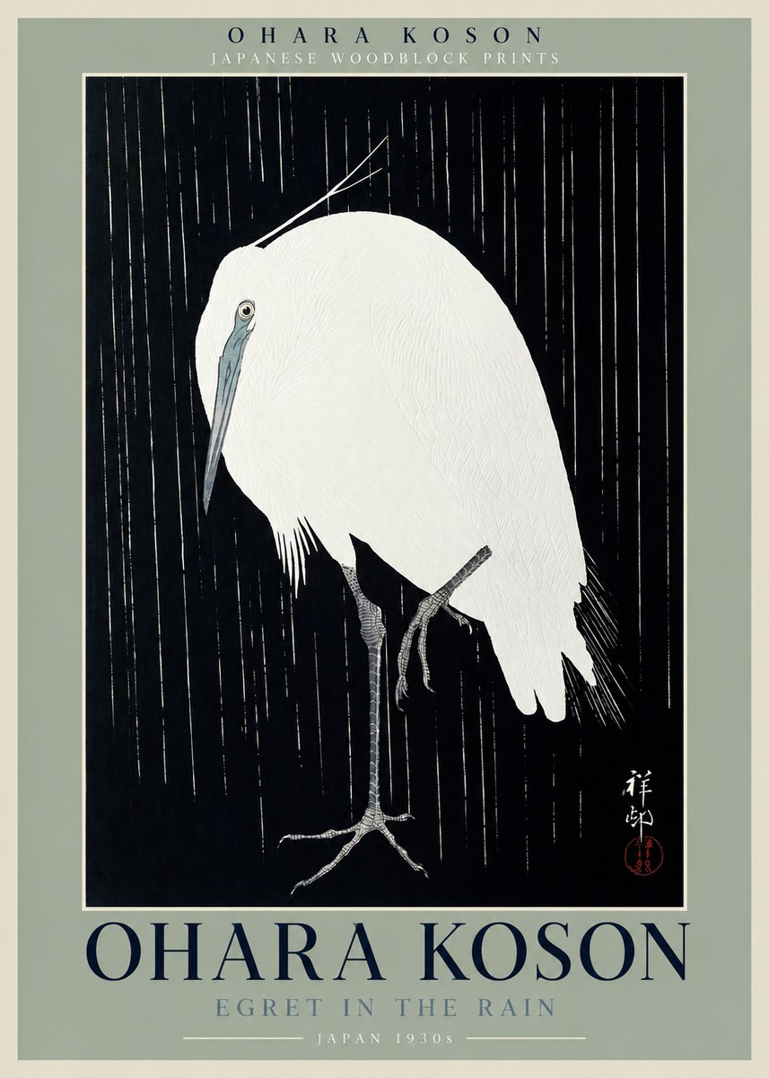 Ohara Koson Egret in the Rain I No2 - Póster