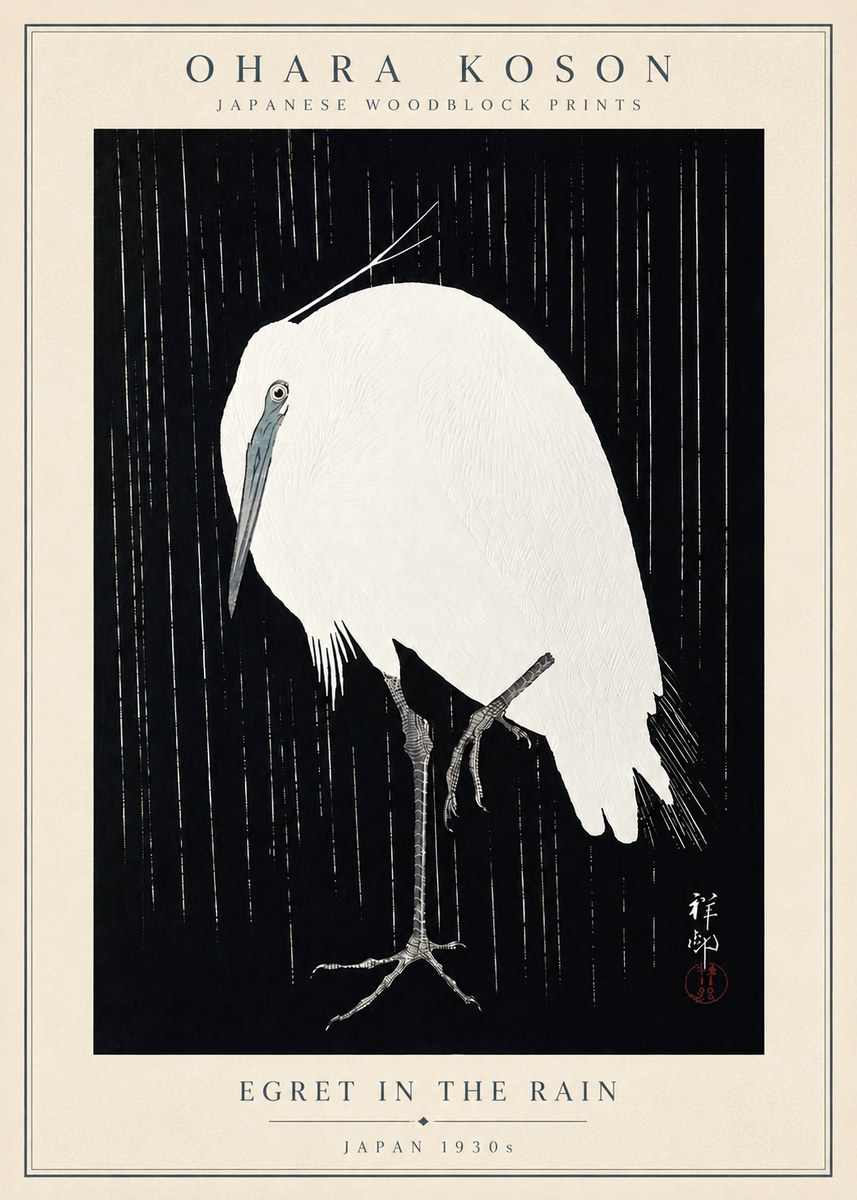 Ohara Koson Egret in the Rain I No5 - Póster