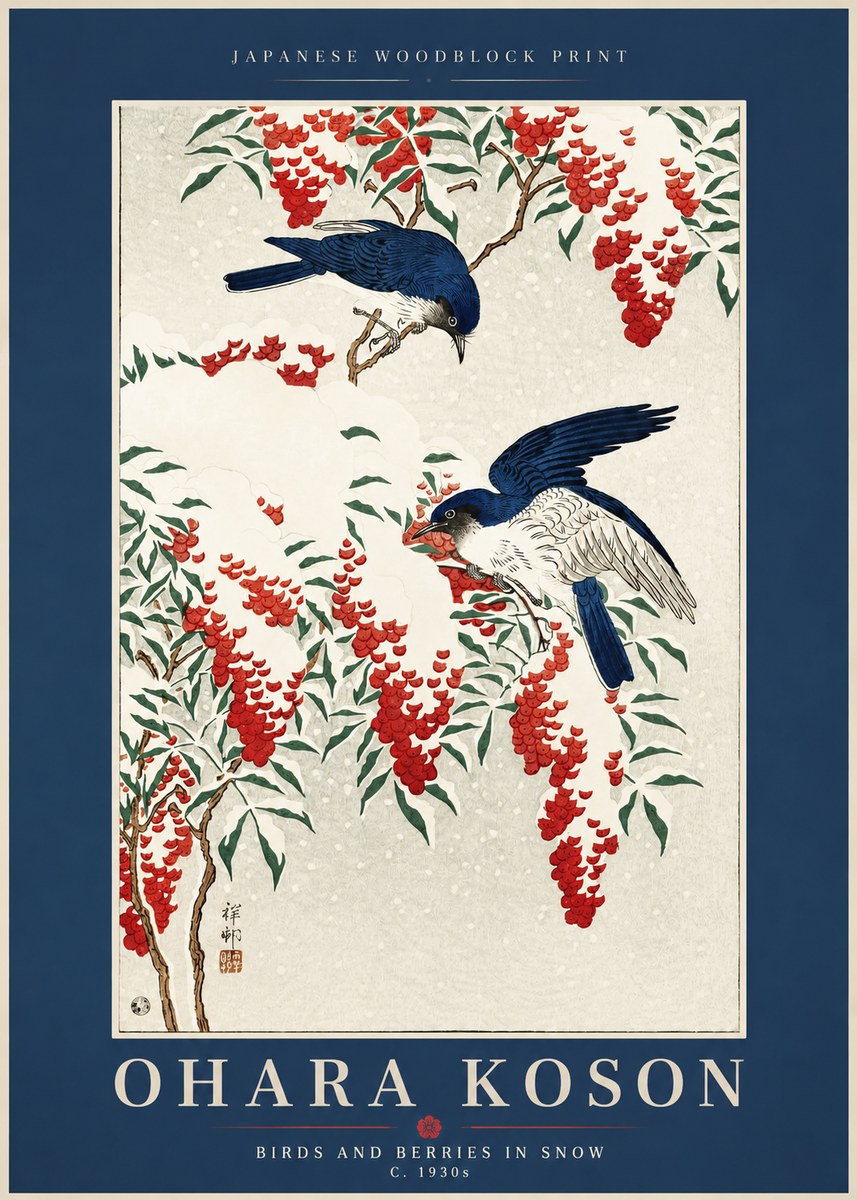 Ohara Koson Birds and Berries in Snow No2 - Póster