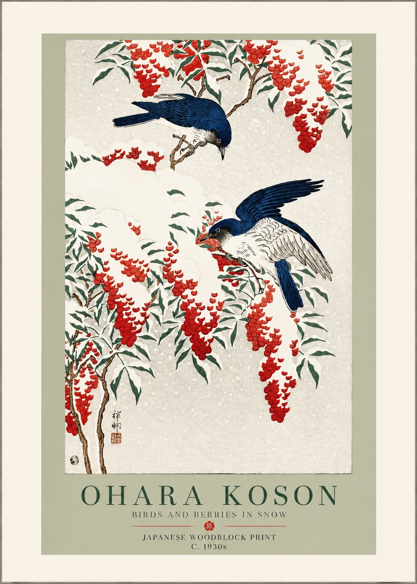 Ohara Koson Birds and Berries in Snow No3 - Póster