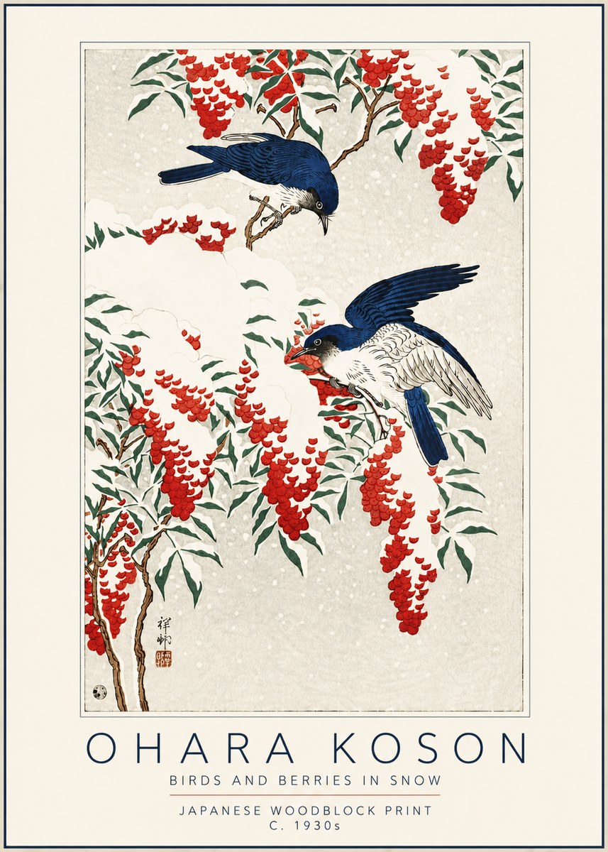 Ohara Koson Birds and Berries in Snow No5 - Póster