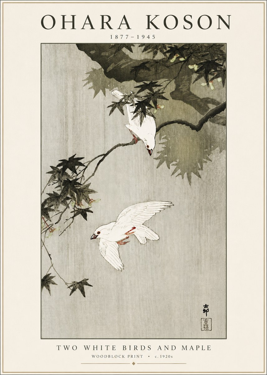 Ohara Koson Two White Birds and Maple No3 - Póster