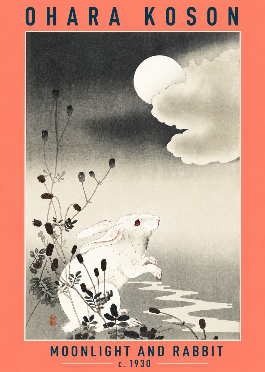 Ohara Koson Moonlight and Rabbit No6 - Póster