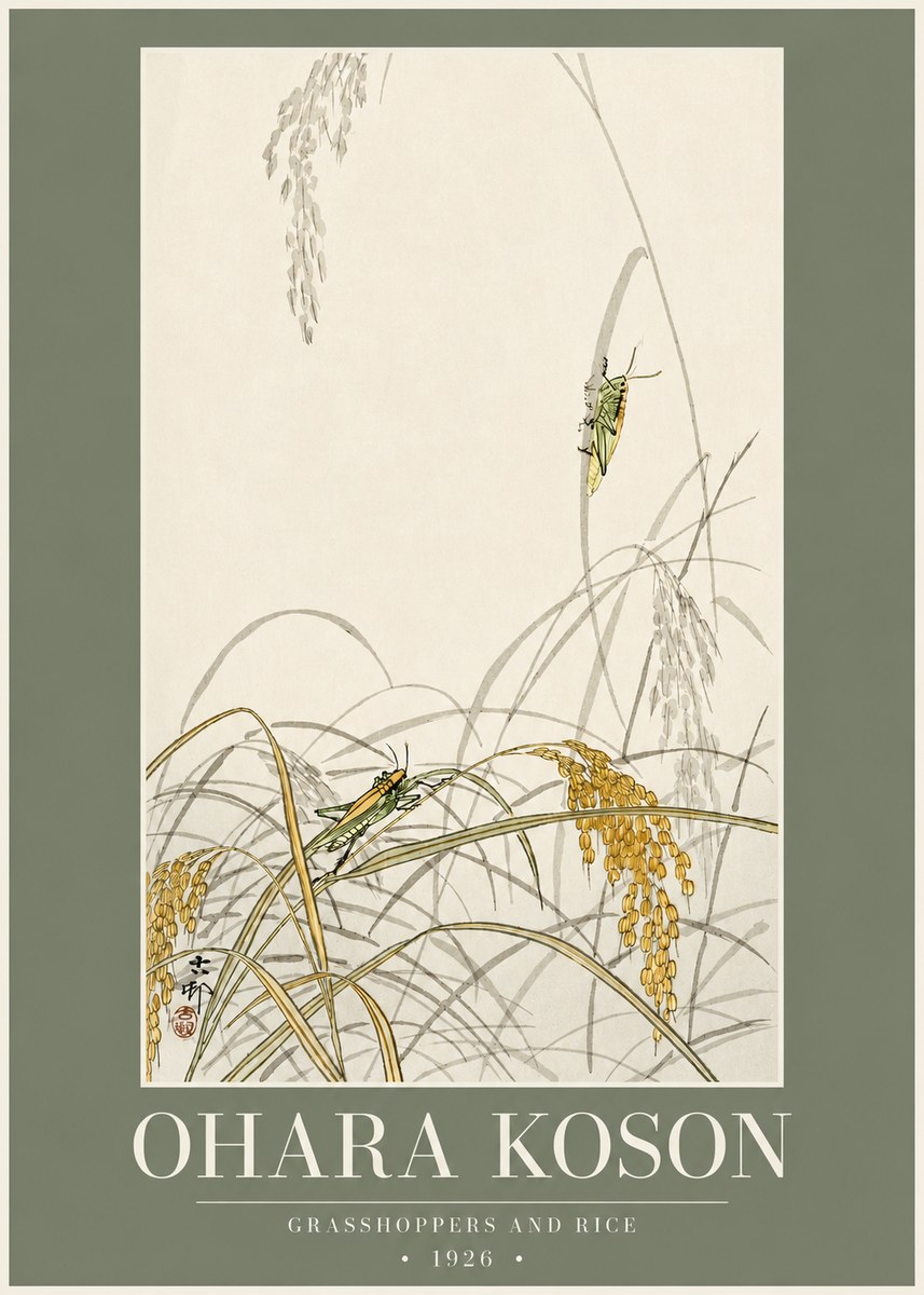 Ohara Koson Grasshoppers and Rice No2 - Póster