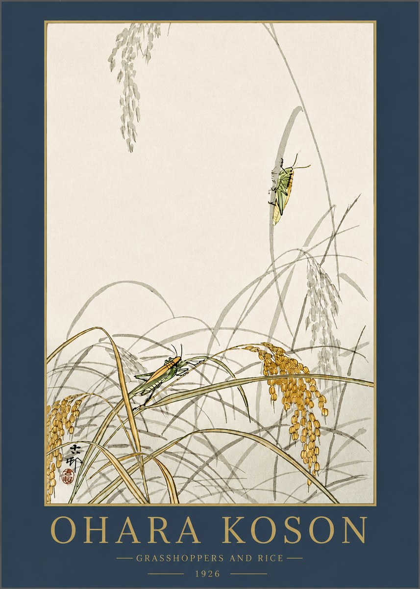 Ohara Koson Grasshoppers and Rice No3 - Póster