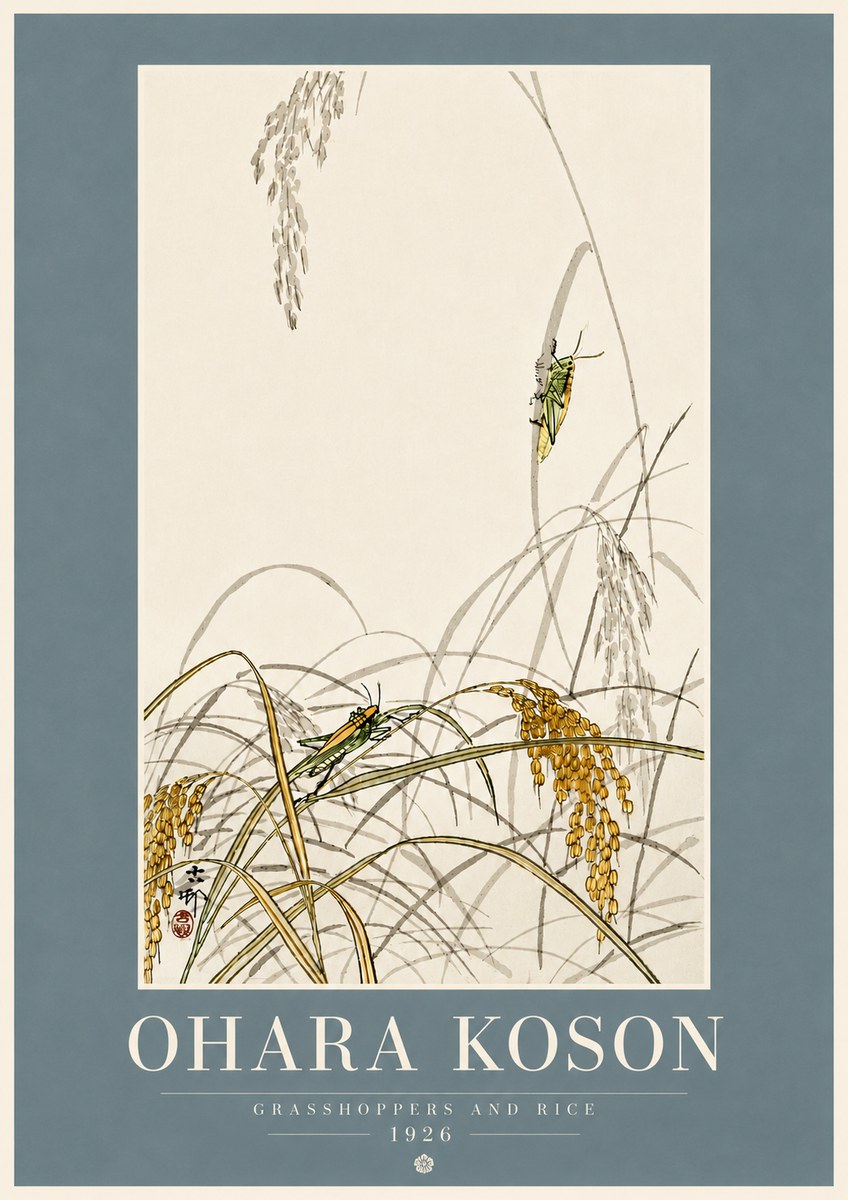 Ohara Koson Grasshoppers and Rice No5 - Póster