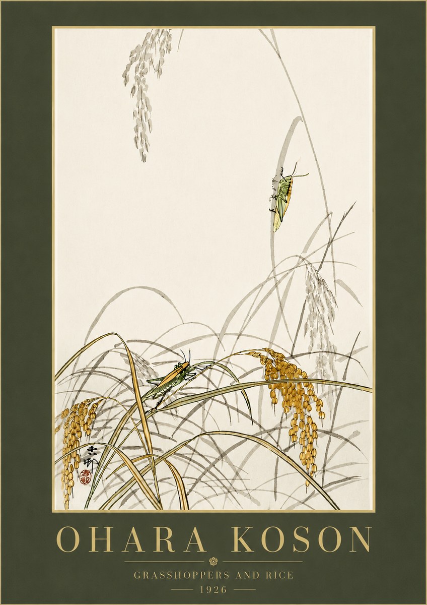 Ohara Koson Grasshoppers and Rice No6 - Póster