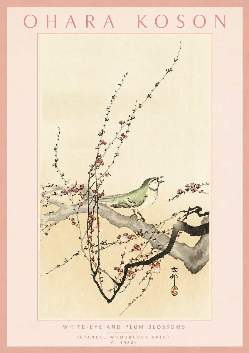 Ohara Koson White-eye and Plum Blossoms No3 - Póster