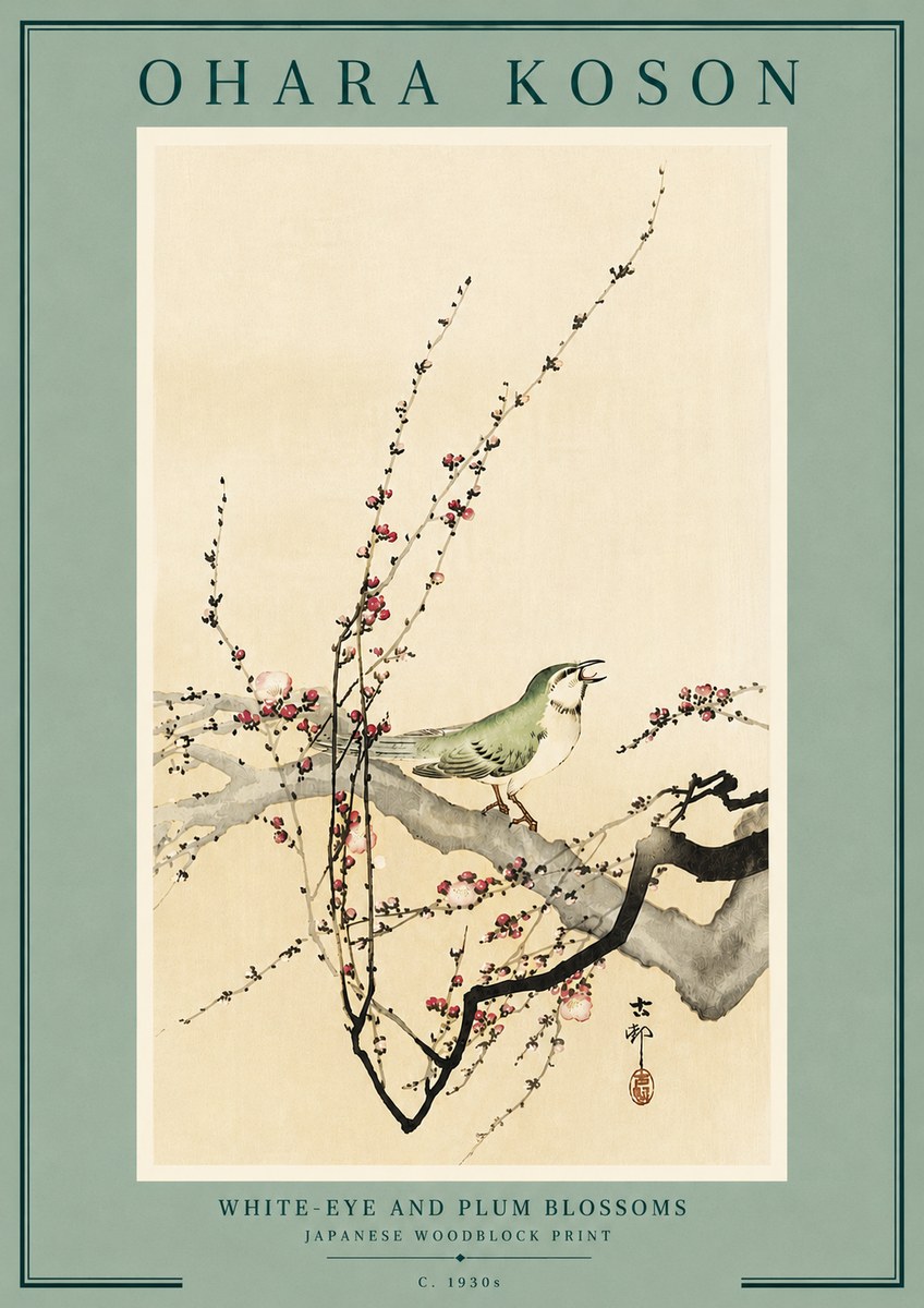 Ohara Koson White-eye and Plum Blossoms No6 - Póster