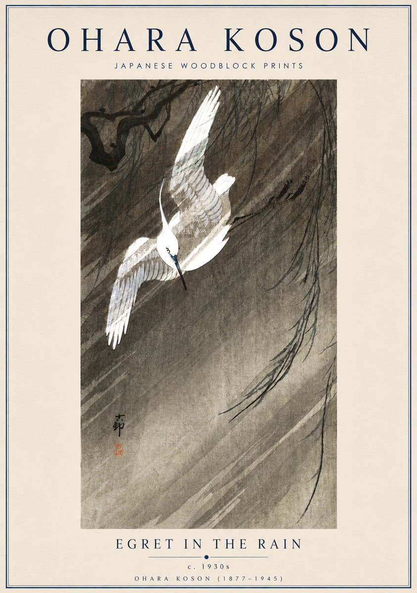 Ohara Koson Egret in the Rain II No3 - Póster