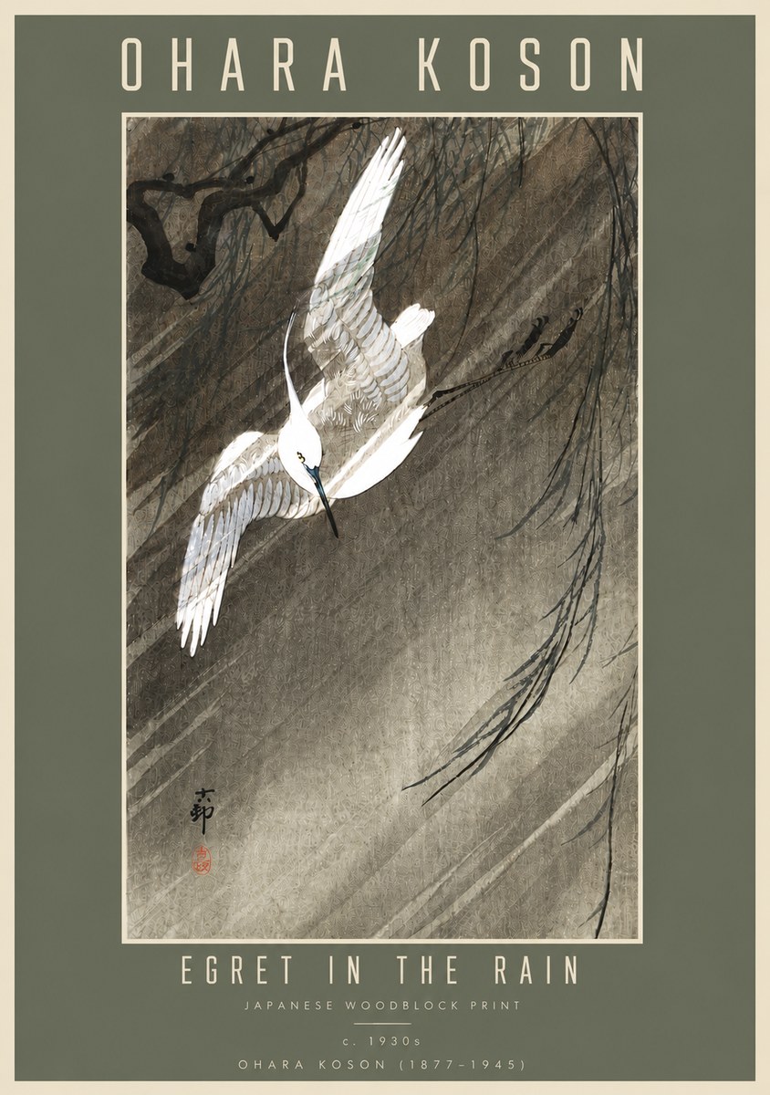 Ohara Koson Egret in the Rain II No4 - Póster