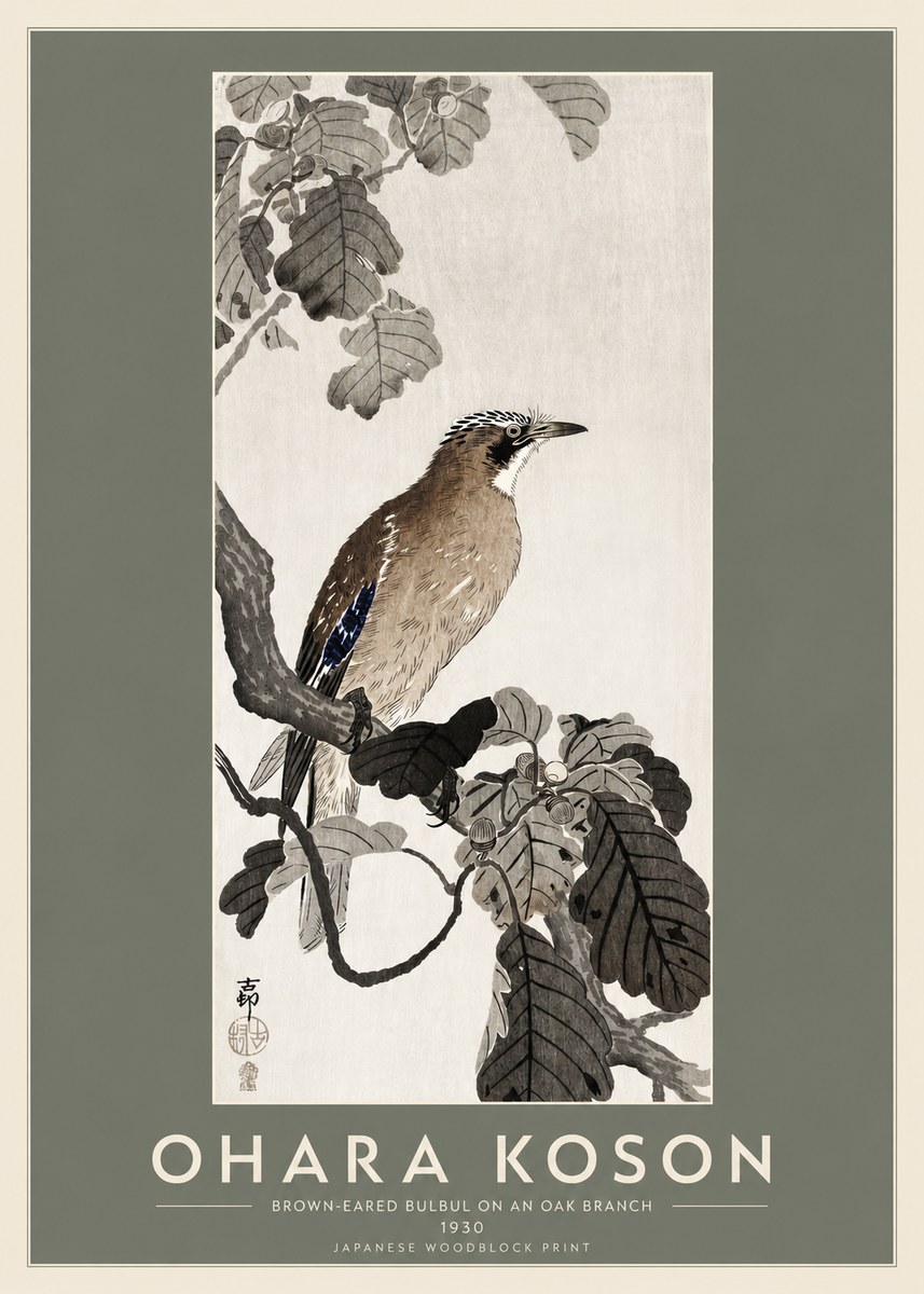 Ohara Koson Brown-eared Bulbul on an Oak Branch No2 - Póster