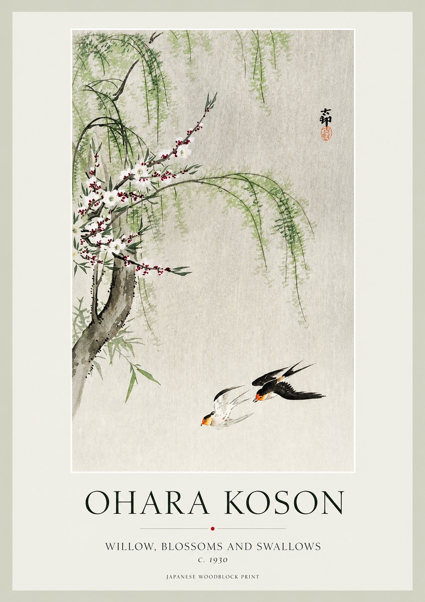 Ohara Koson Willow, Blossoms and Swallows No1 - Póster