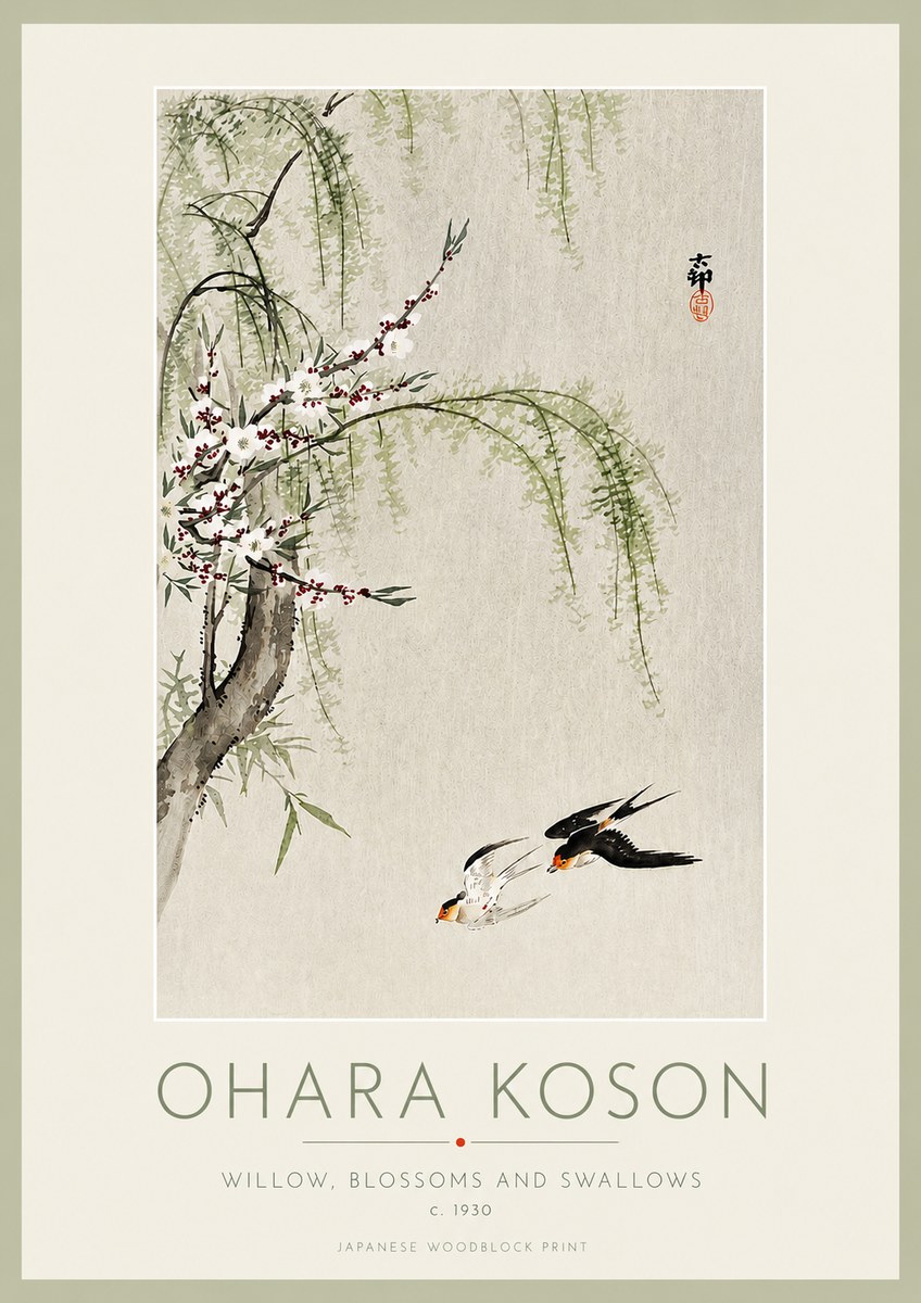 Ohara Koson Willow, Blossoms and Swallows No3 - Póster