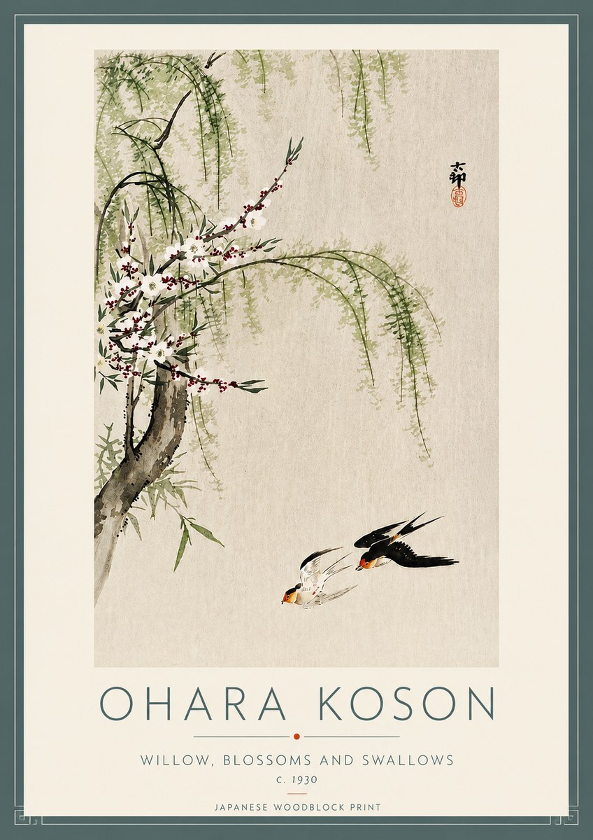 Ohara Koson Willow, Blossoms and Swallows No4 - Póster