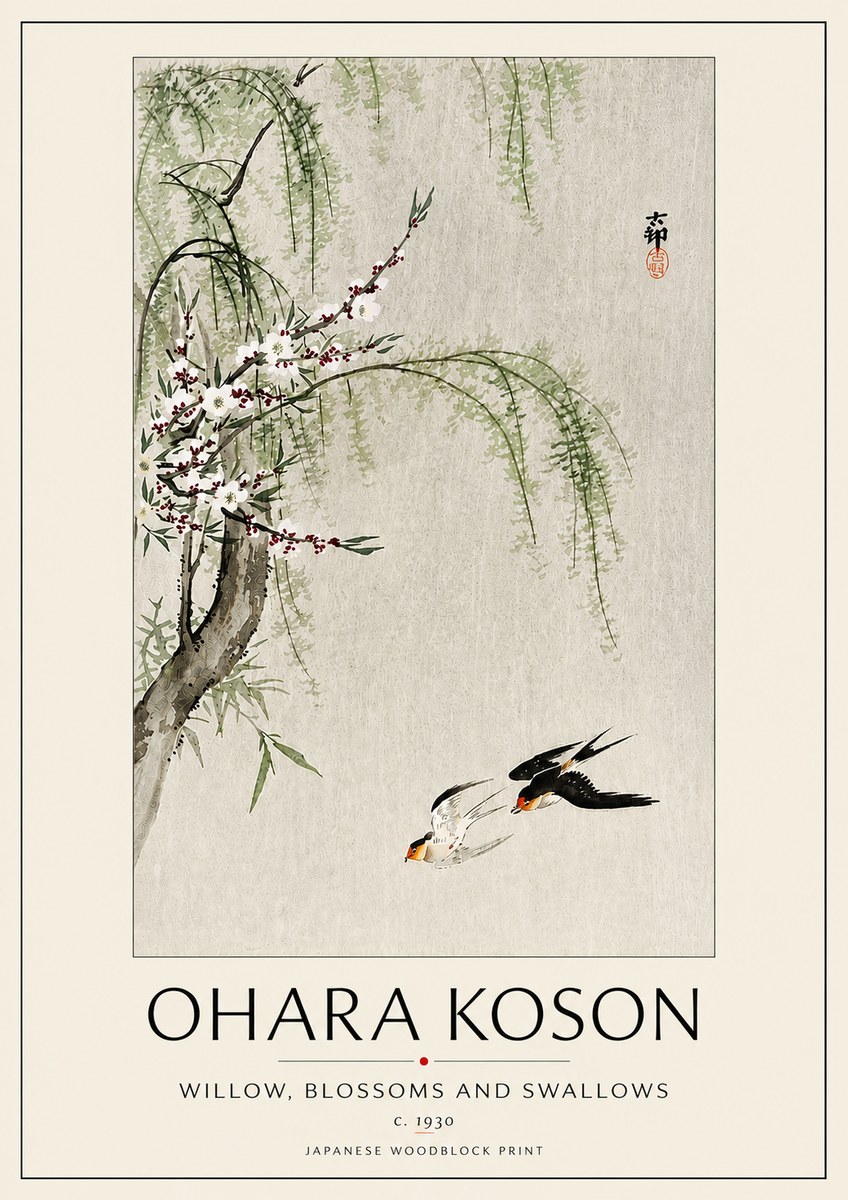 Ohara Koson Willow, Blossoms and Swallows No5 - Póster