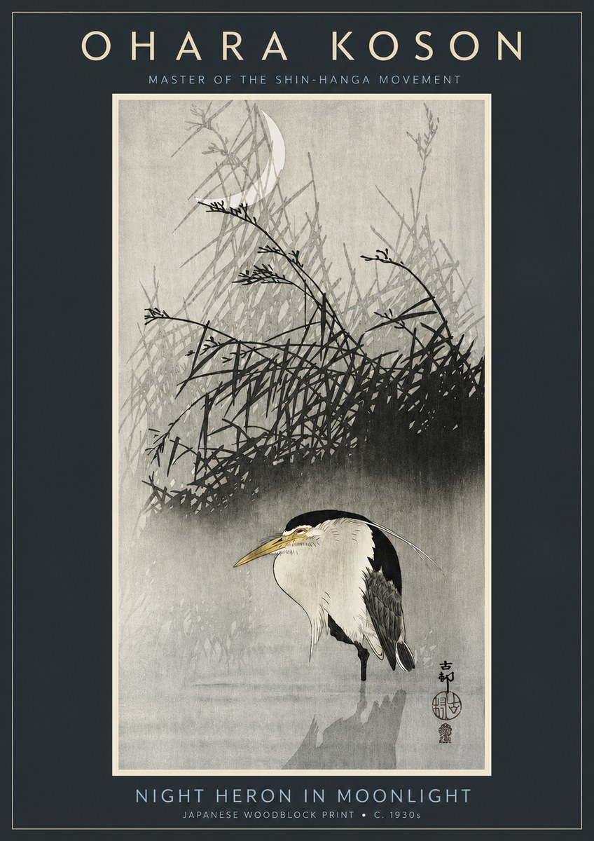 Ohara Koson Night Heron in Moonlight No2 - Póster