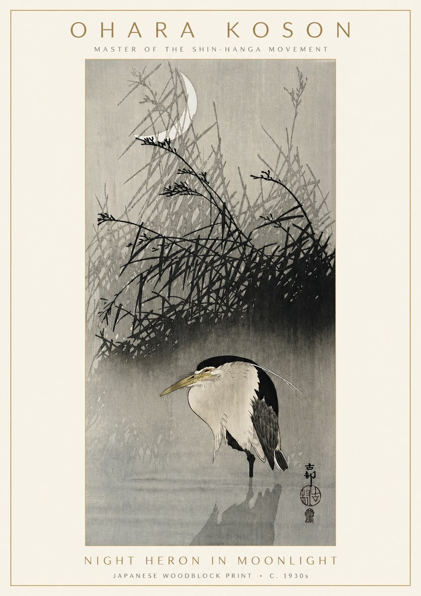 Ohara Koson Night Heron in Moonlight No3 - Póster