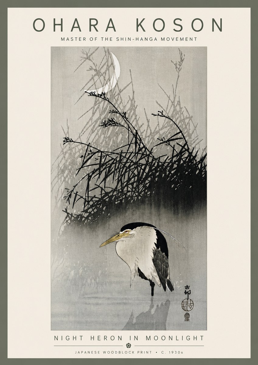 Ohara Koson Night Heron in Moonlight No6 - Póster