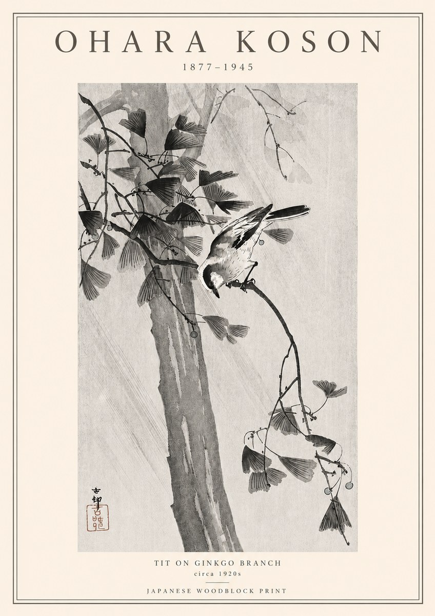 Ohara Koson Tit on Ginkgo Branch No3 - Póster