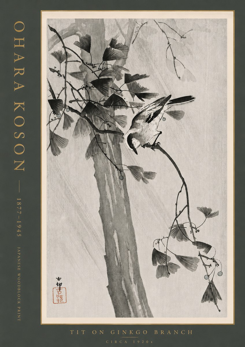 Ohara Koson Tit on Ginkgo Branch No4 - Póster