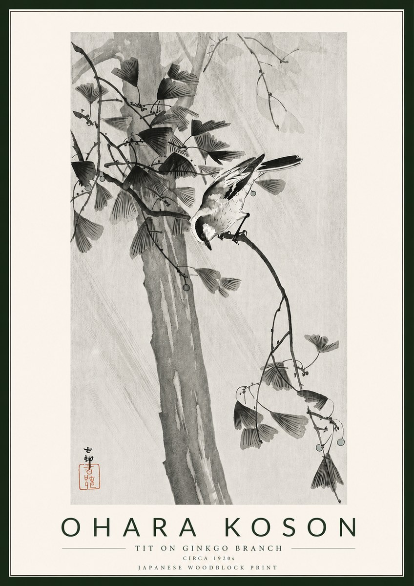 Ohara Koson Tit on Ginkgo Branch No5 - Póster
