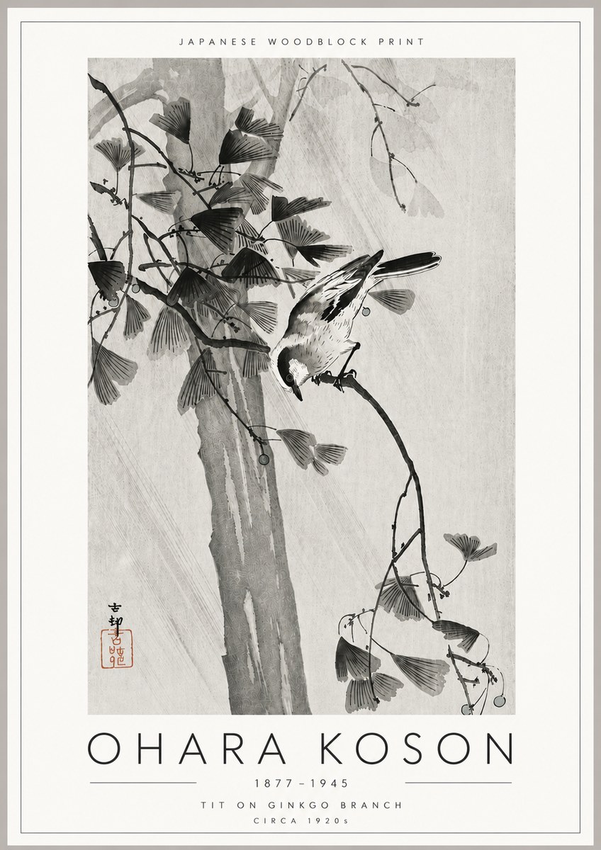 Ohara Koson Tit on Ginkgo Branch No6 - Póster