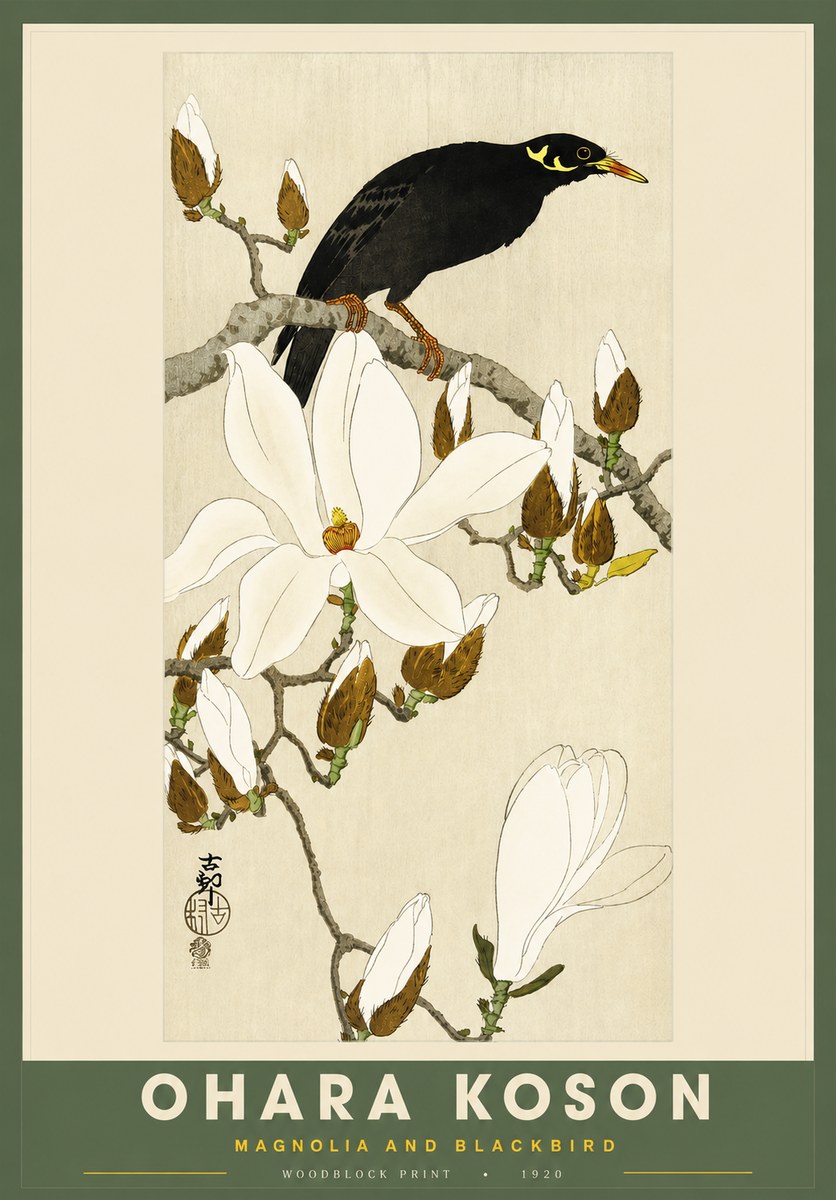 Ohara Koson Magnolia and Blackbird No2 - Póster