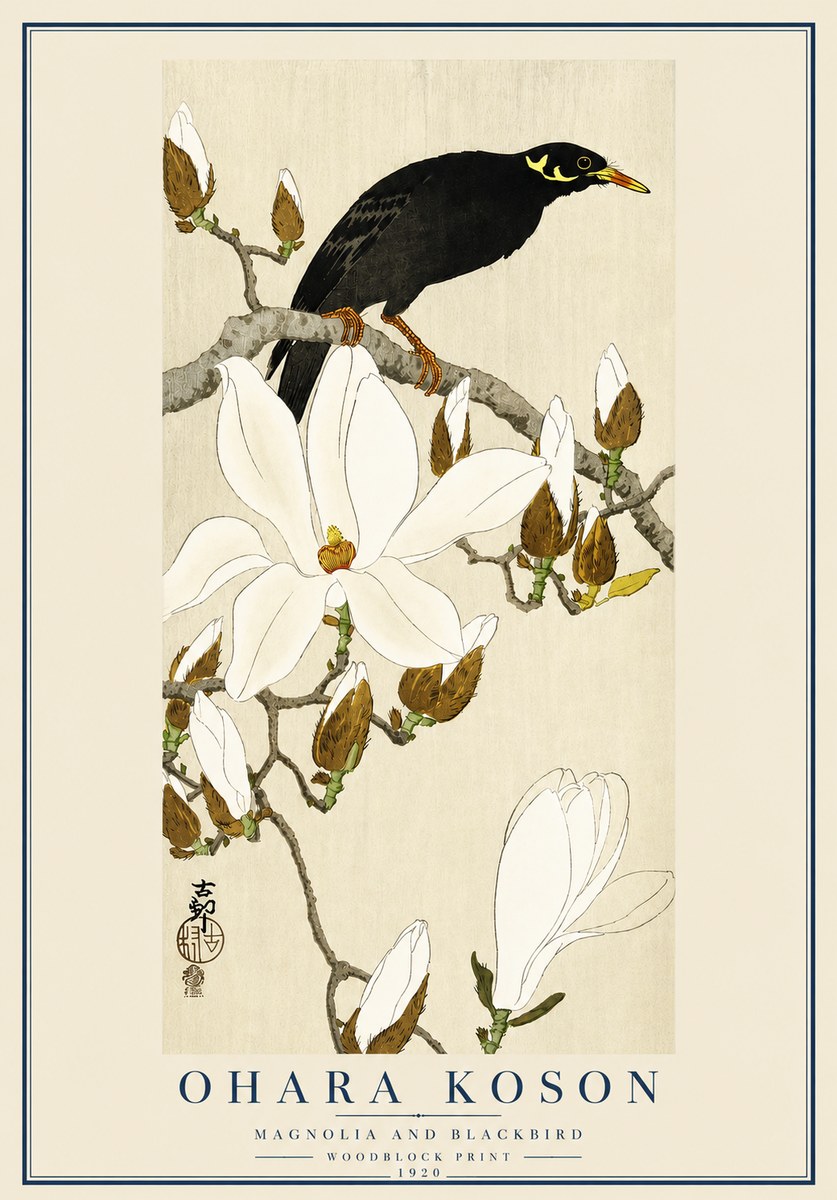 Ohara Koson Magnolia and Blackbird No3 - Póster