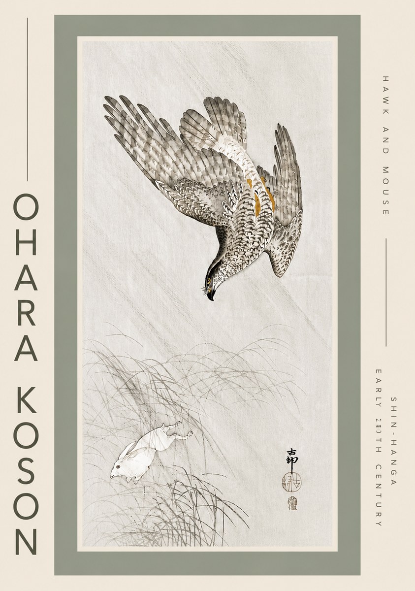 Ohara Koson Hawk and Mouse No5 - Póster