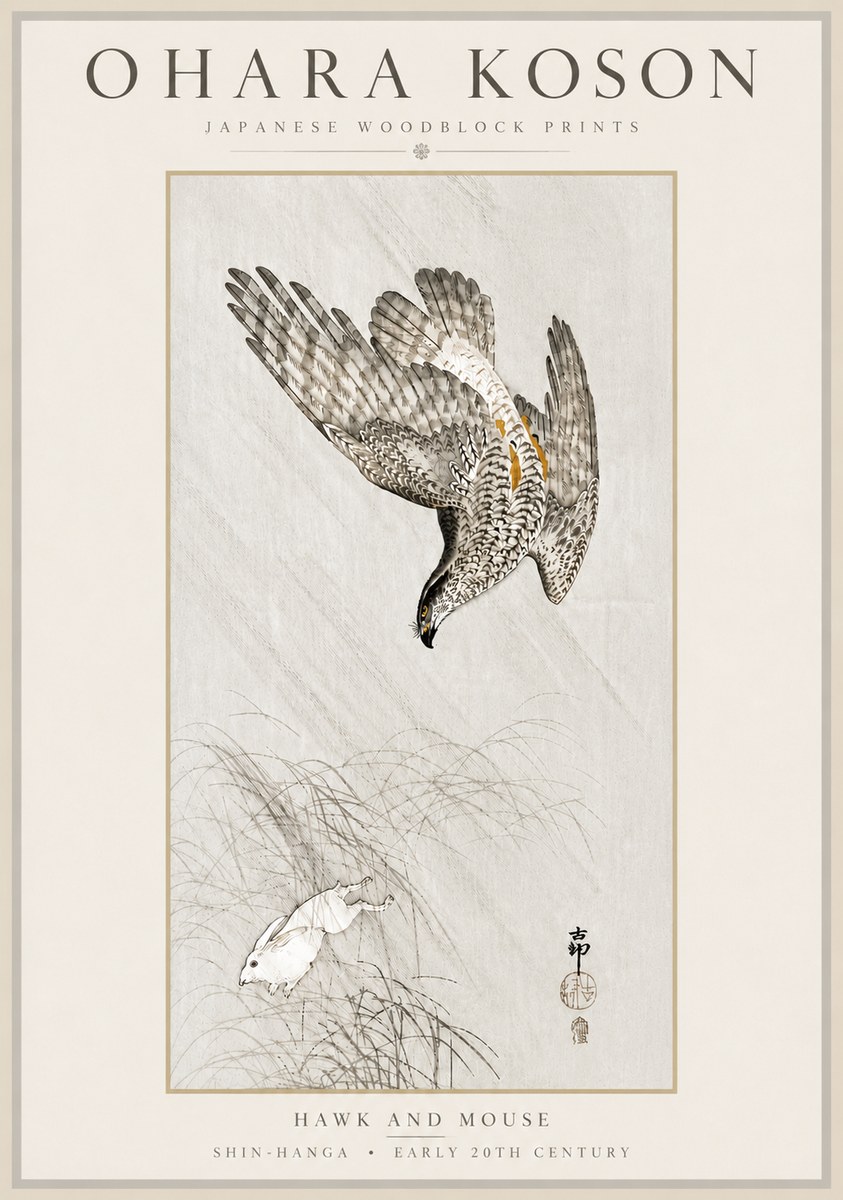 Ohara Koson Hawk and Mouse No6 - Póster