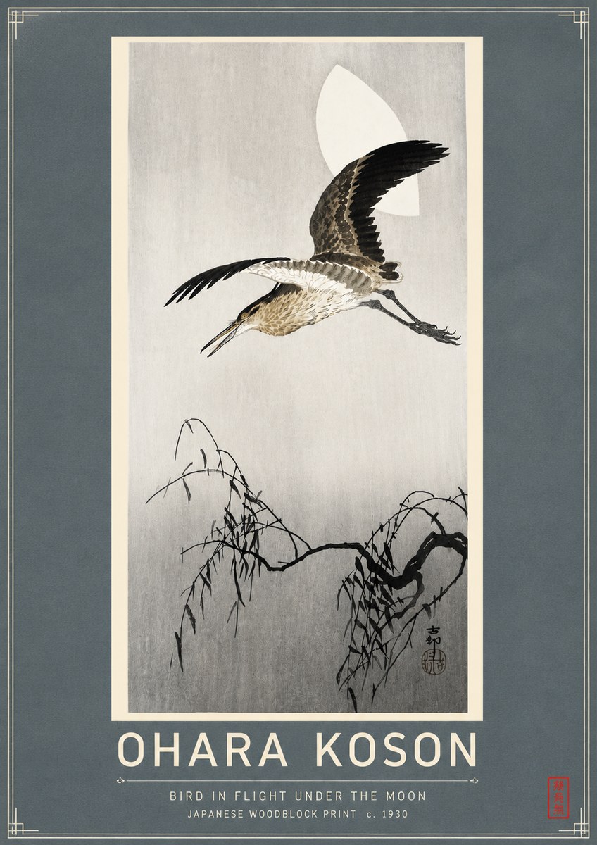 Ohara Koson Bird in Flight Under the Moon No4 - Póster