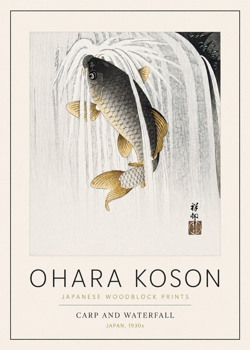 Ohara Koson Carp and Waterfall No3 - Póster