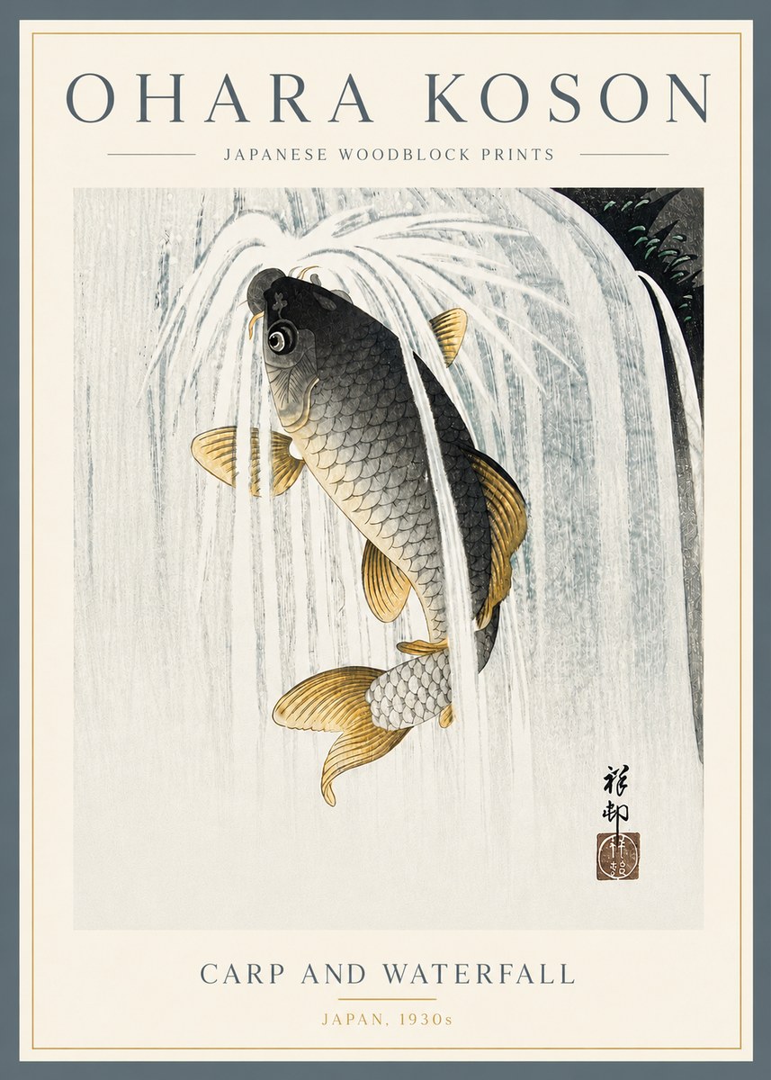 Ohara Koson Carp and Waterfall No5 - Póster