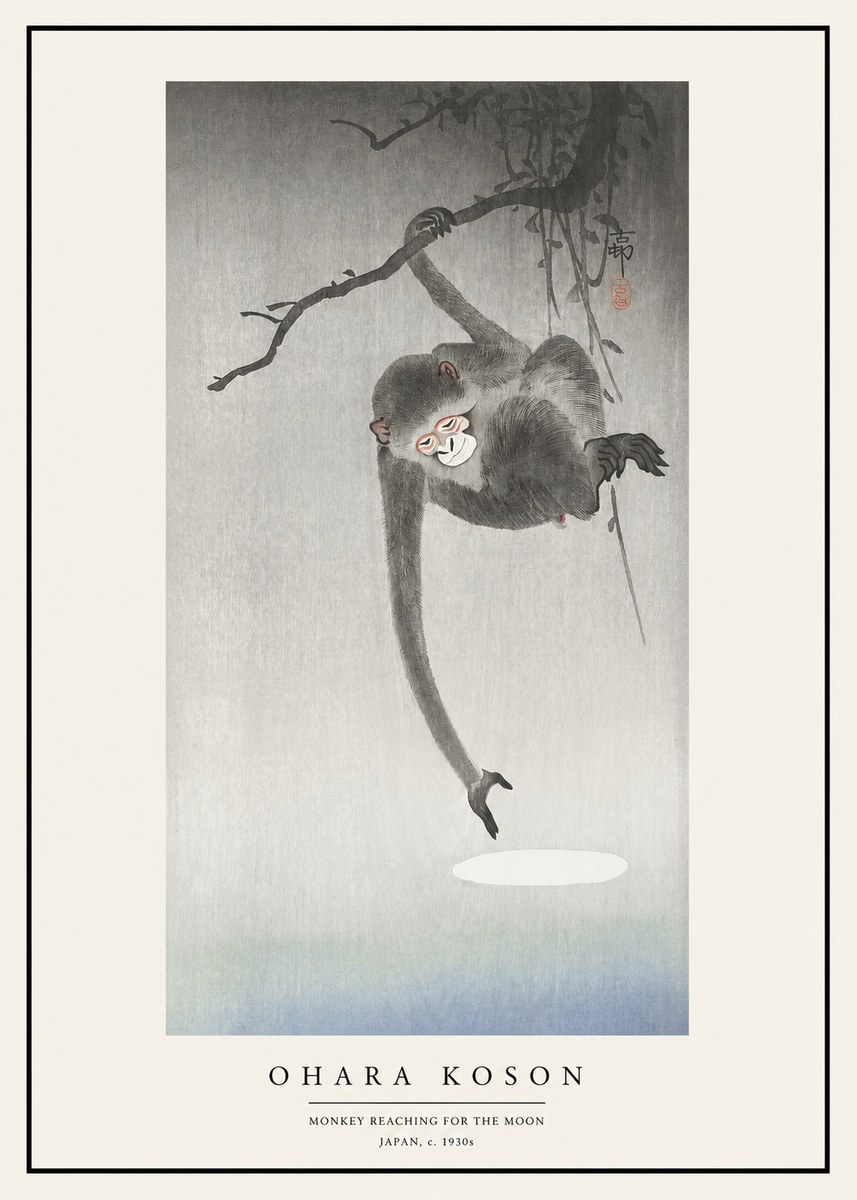 Ohara Koson Monkey Reaching for the Moon No1 - Póster