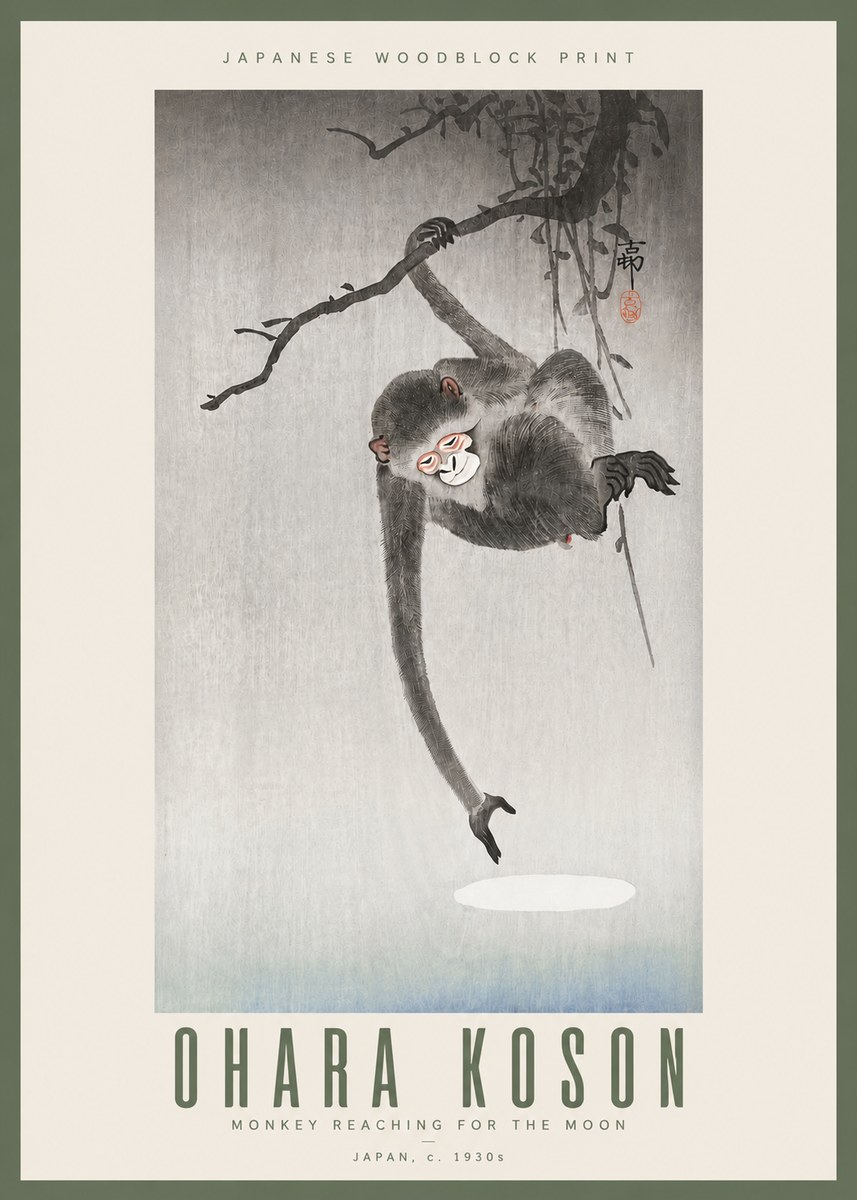 Ohara Koson Monkey Reaching for the Moon No3 - Póster