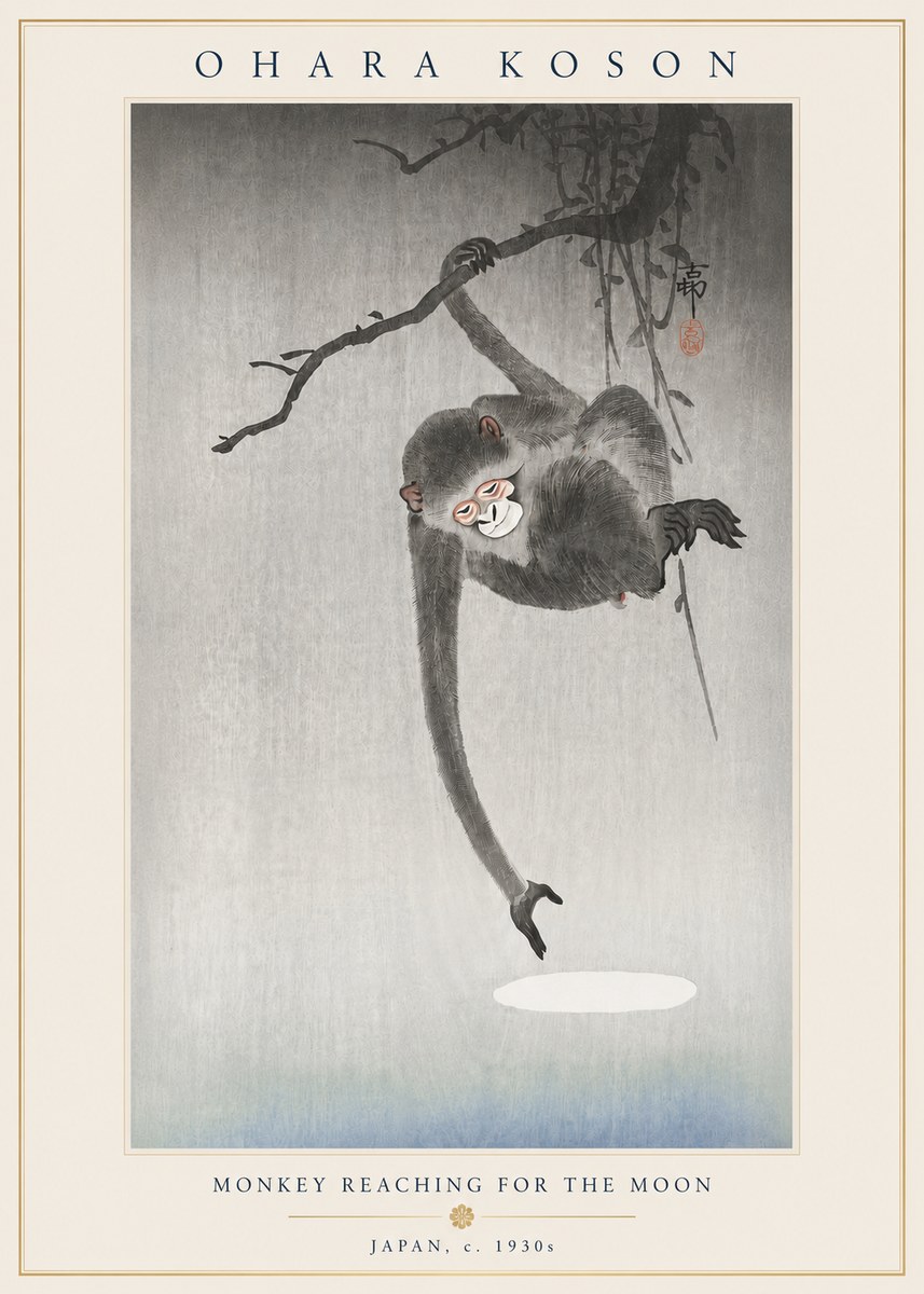 Ohara Koson Monkey Reaching for the Moon No4 - Póster