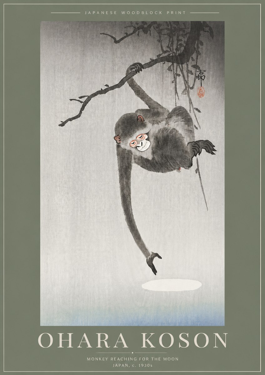 Ohara Koson Monkey Reaching for the Moon No5 - Póster