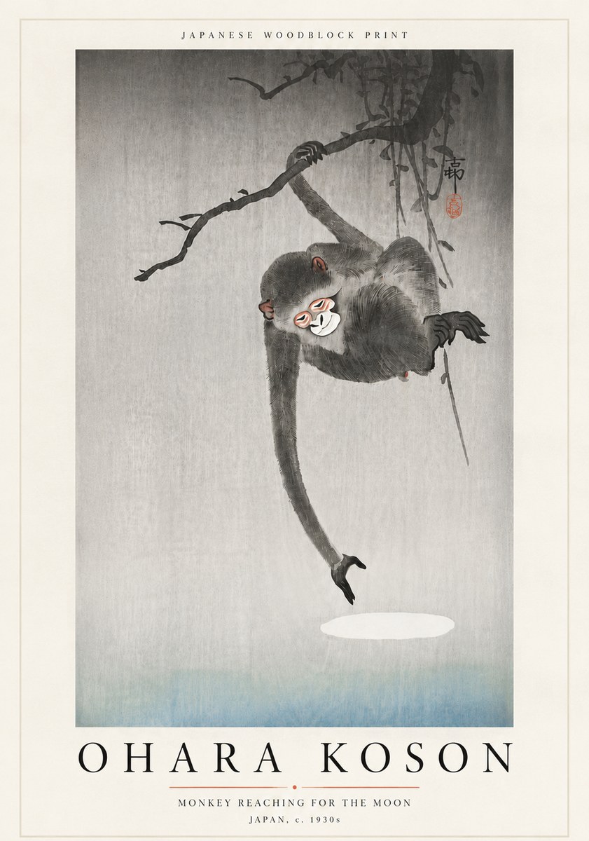 Ohara Koson Monkey Reaching for the Moon No6 - Póster