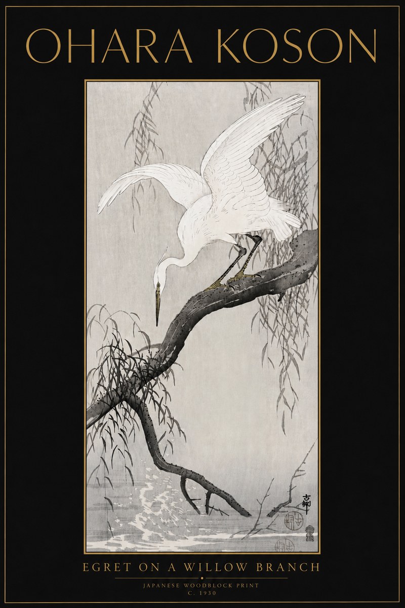 Ohara Koson Egret on a Willow Branch No5 - Póster