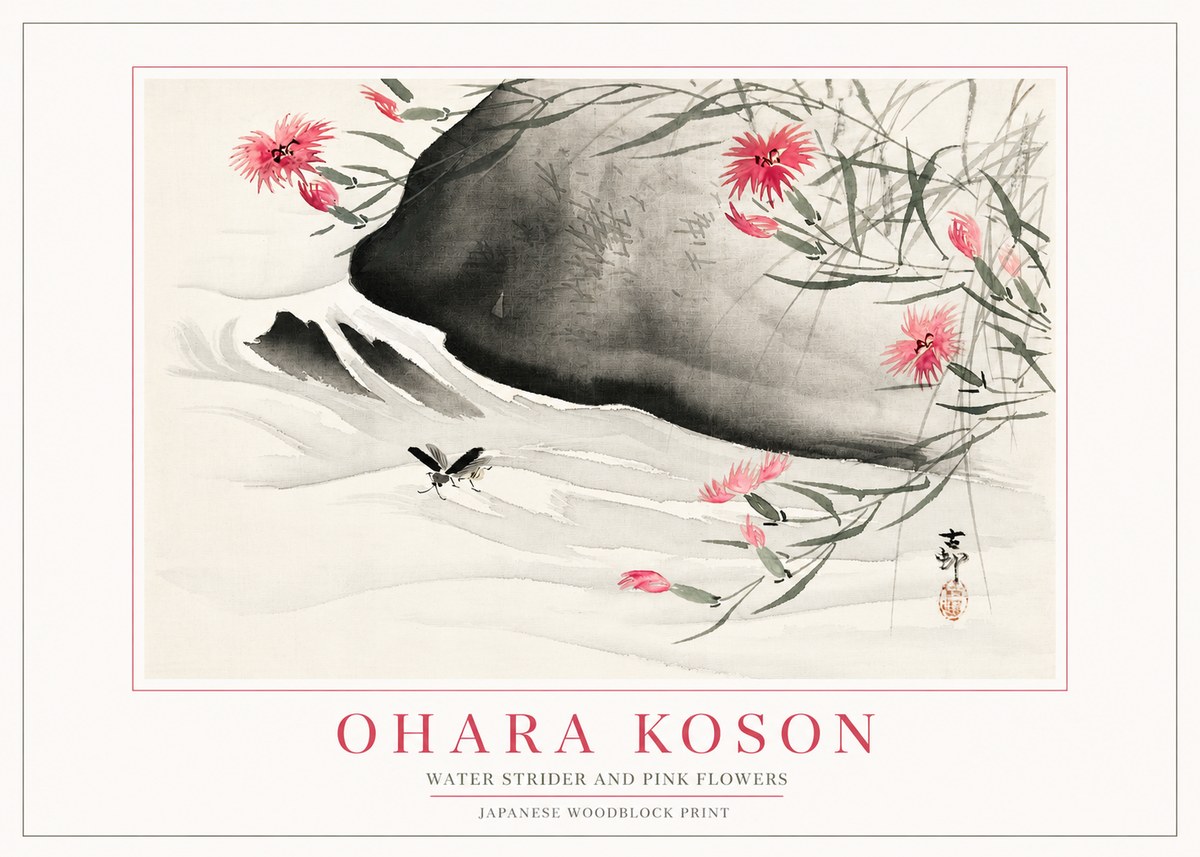 Ohara Koson Water Strider and Pink Flowers No2 - Póster