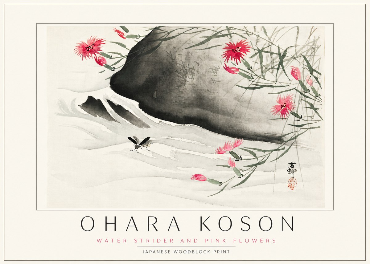 Ohara Koson Water Strider and Pink Flowers No3 - Póster