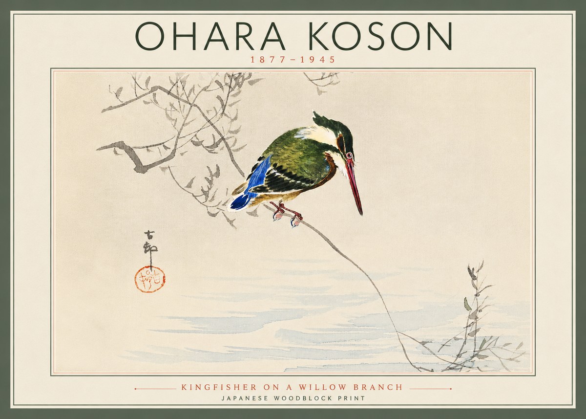 Ohara Koson Kingfisher on a Willow Branch No5 - Póster