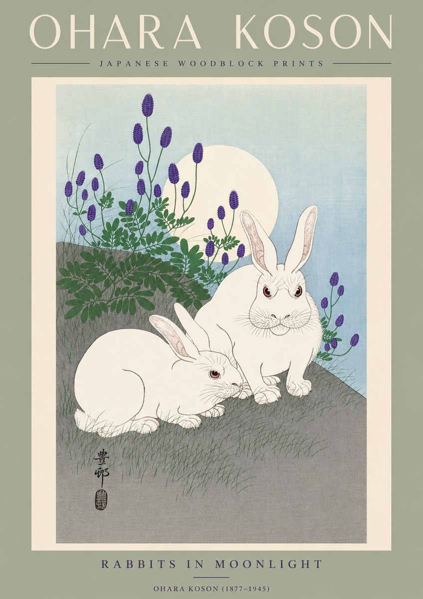 Ohara Koson Rabbits in Moonlight No2 - Póster