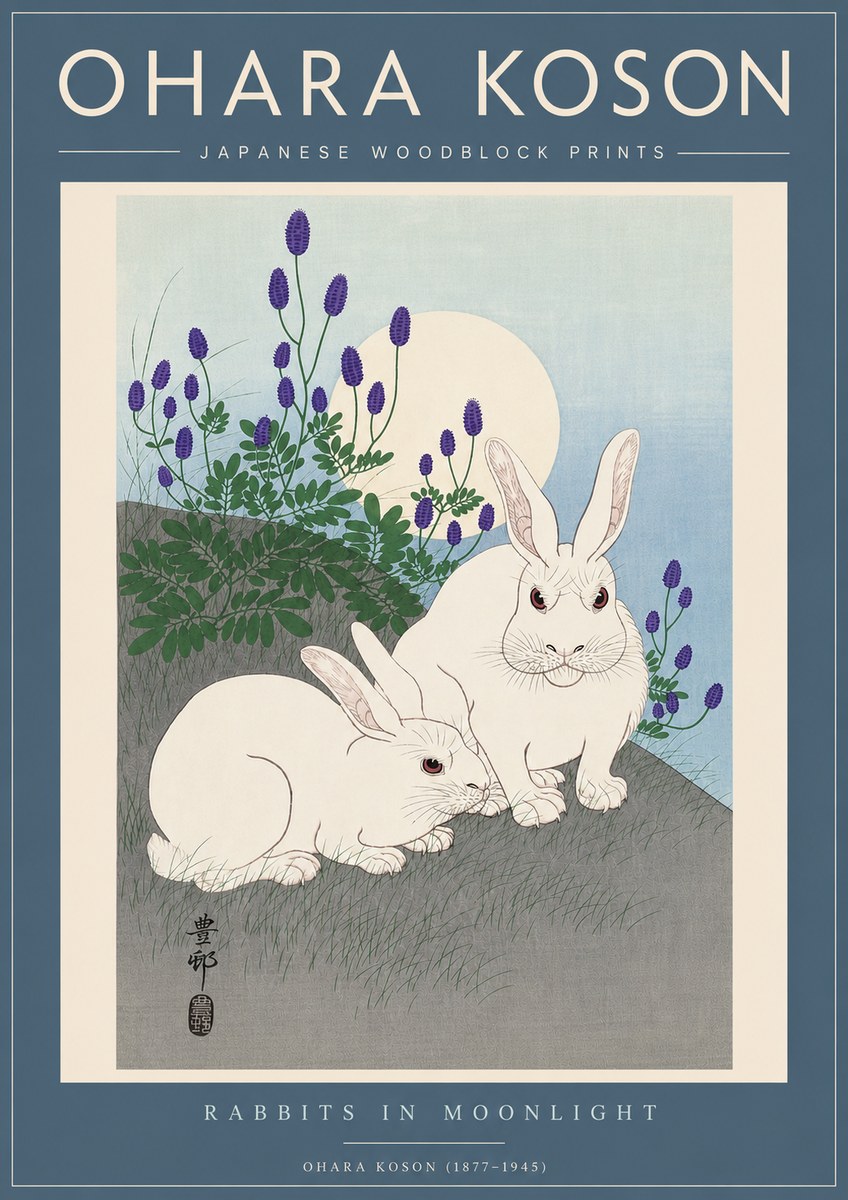 Ohara Koson Rabbits in Moonlight No5 - Póster