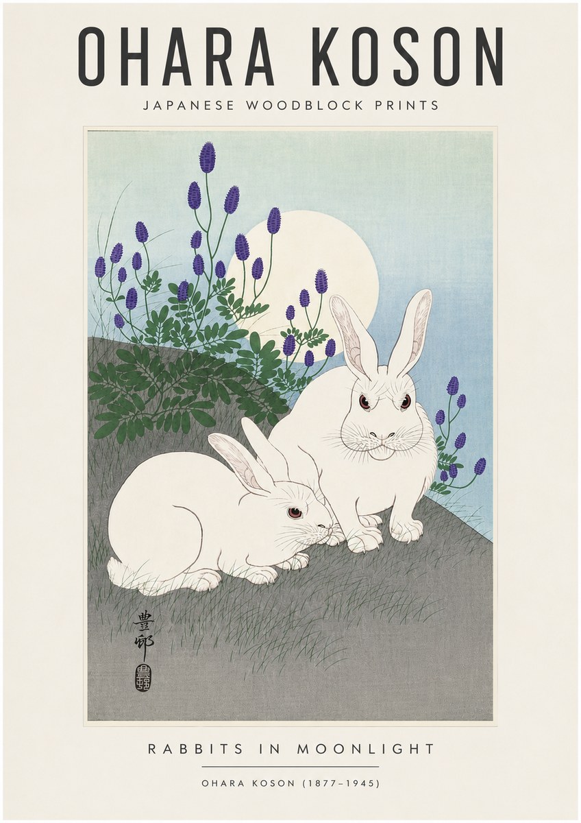 Ohara Koson Rabbits in Moonlight No6 - Póster