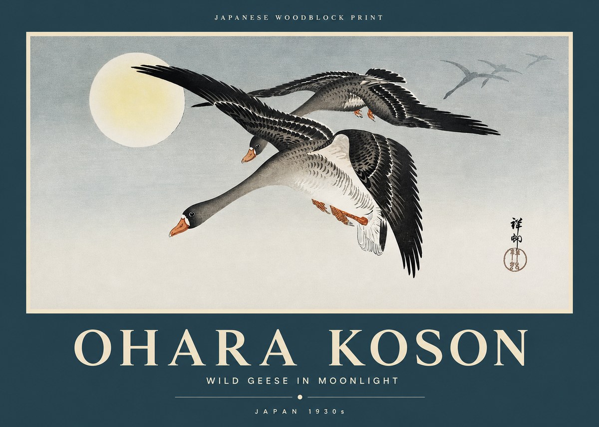 Ohara Koson Wild Geese in Moonlight III No2 - Póster