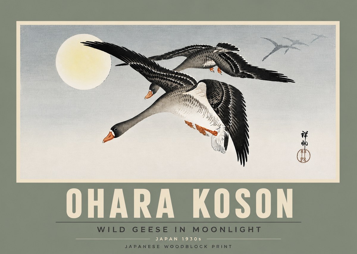 Ohara Koson Wild Geese in Moonlight III No5 - Póster