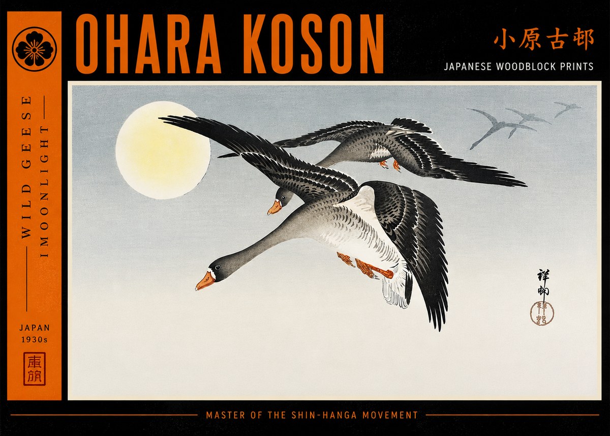 Ohara Koson Wild Geese in Moonlight III No6 - Póster