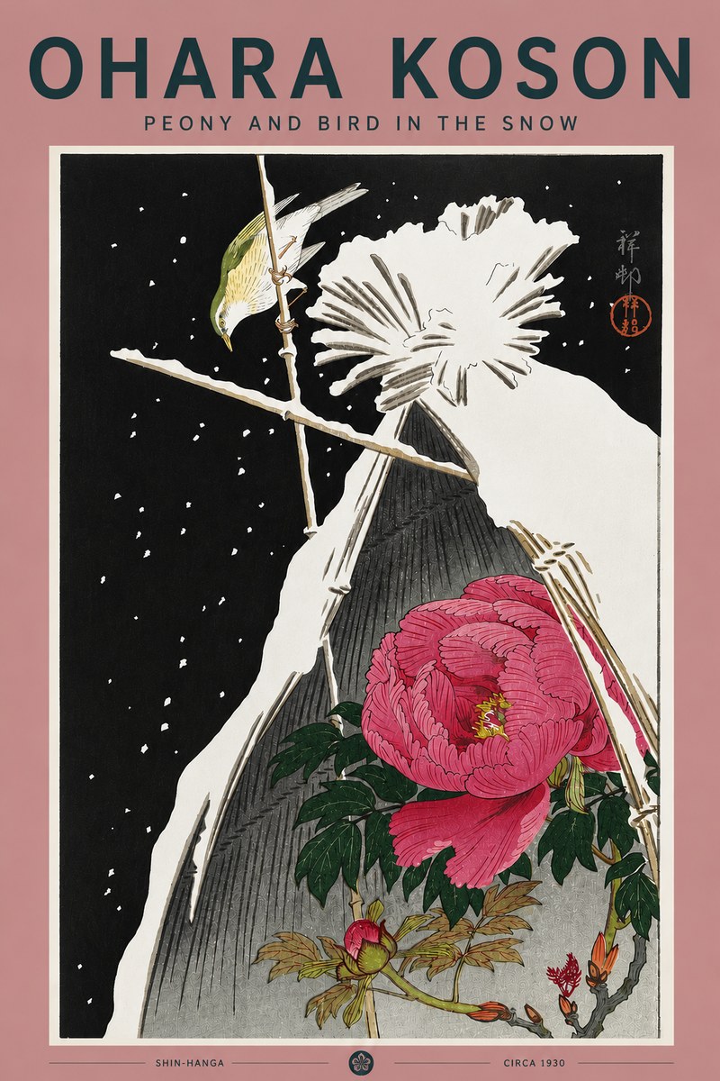 Ohara Koson Peony and Bird in the Snow No5 - Póster